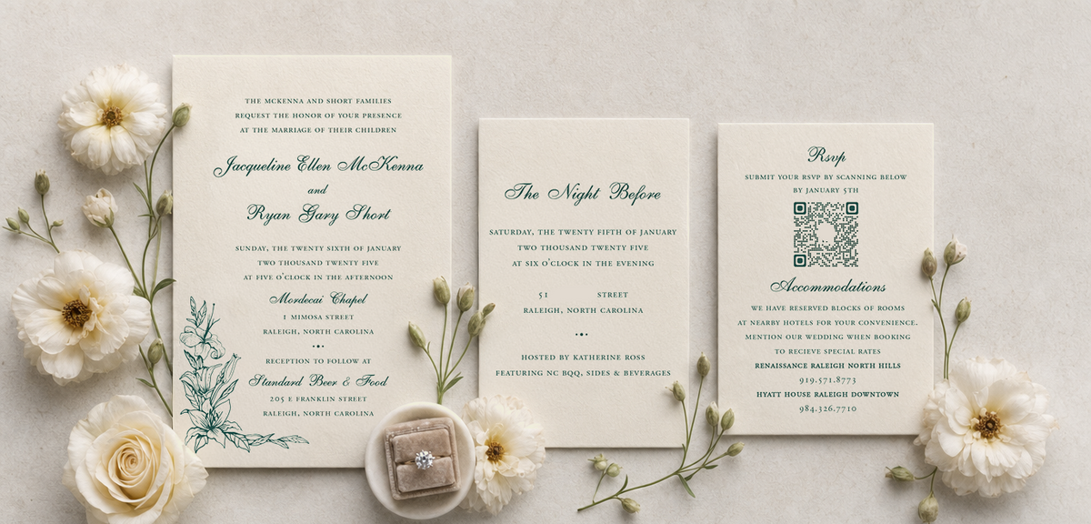 A coordinated wedding stationery set arranged on a light stone surface with white flowers and greenery. The set includes a main invitation card, a 'The Night Before card, an RSVP card, and a ring box containing a ring.
