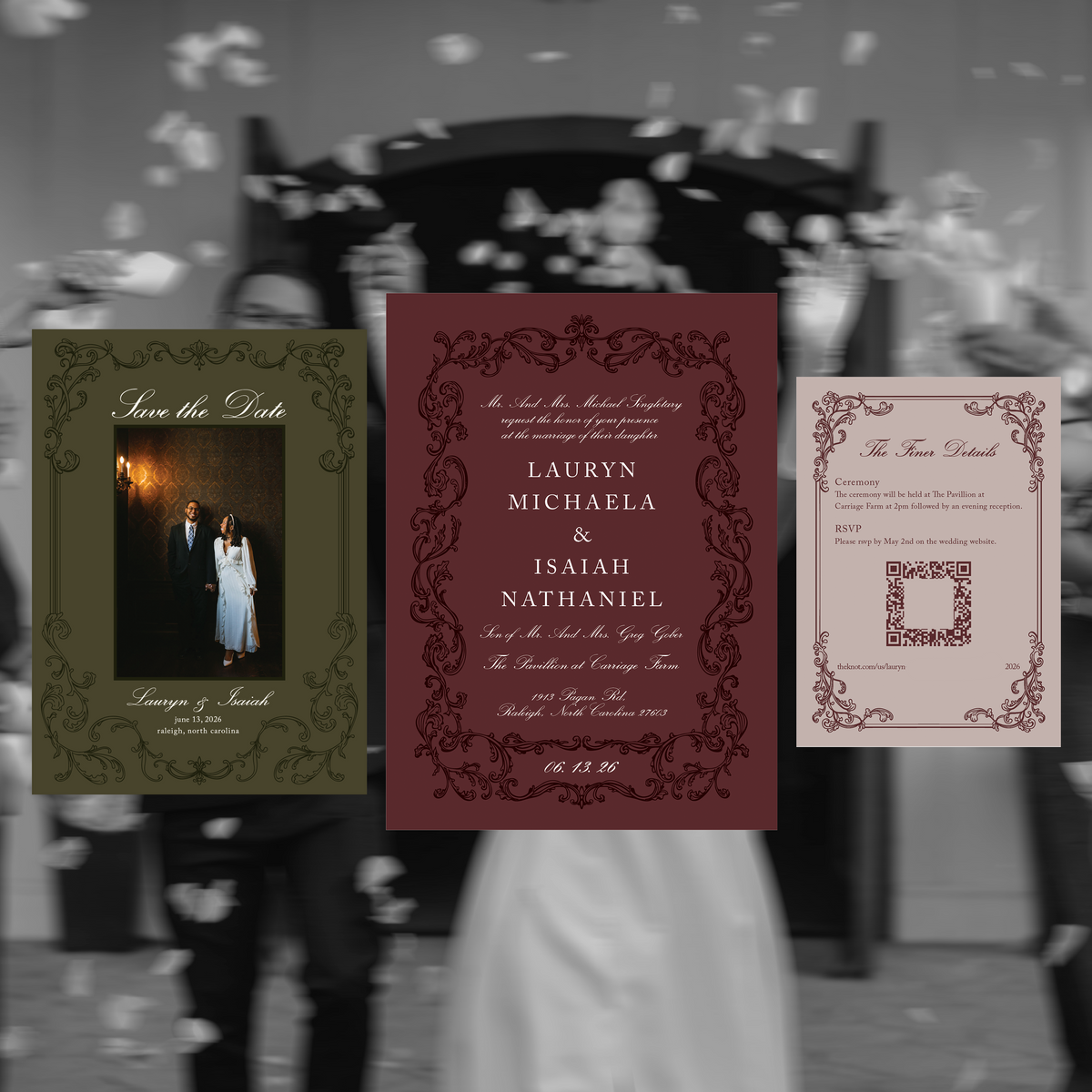 Three vintage-style wedding invitation cards are displayed against a blurred black-and-white wedding photograph background. The left card is olive green with ornate border detailing and a photo inset; the center card is dark burgundy with elegant script text; the right card is a pale blush pink with decorative corner flourishes and a QR code placeholder.