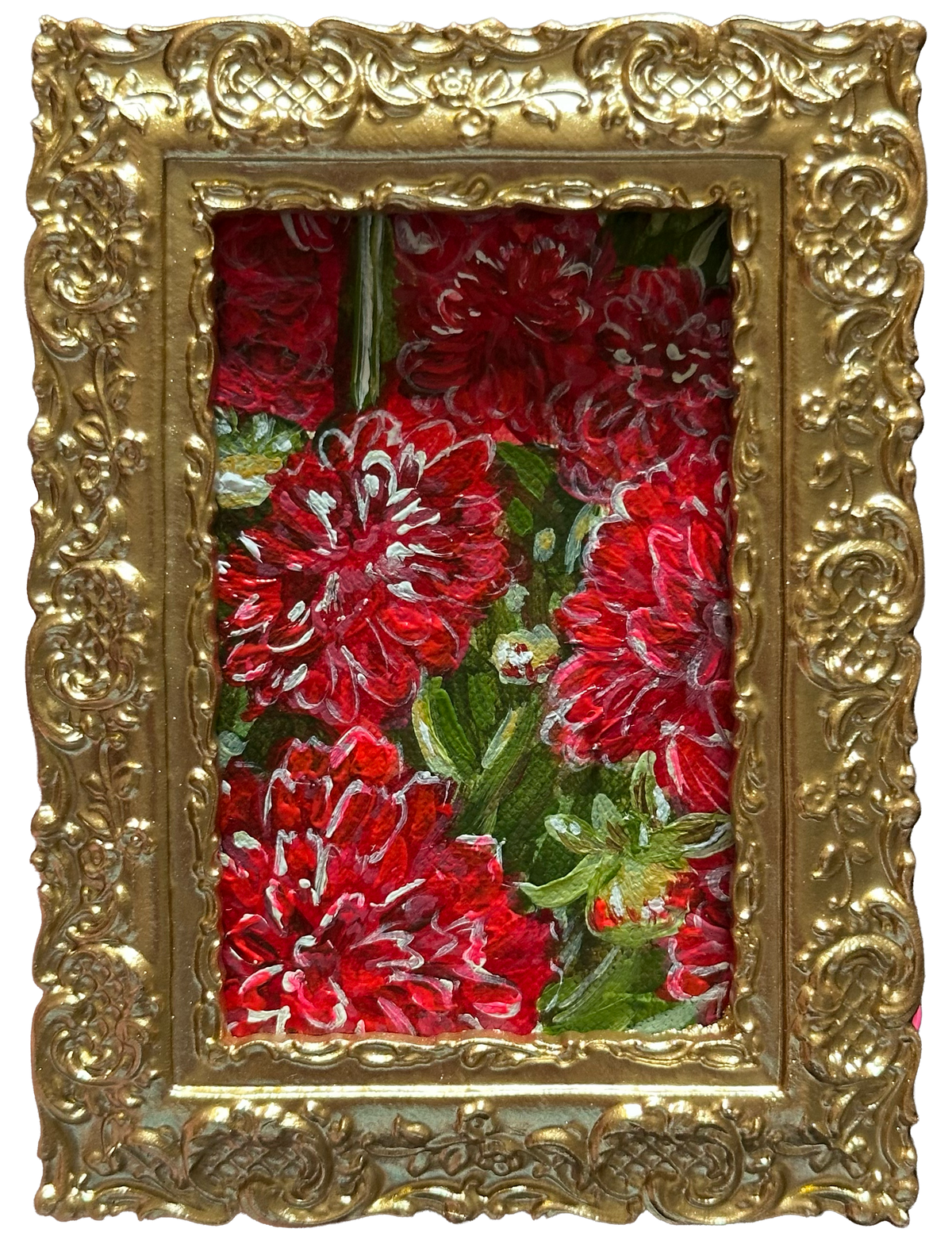 Magnetic Mini Framed Original Painting | Tiny Red Florals